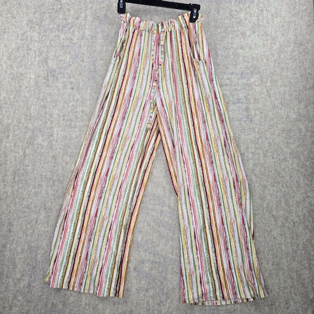 Multi-Color Womens Striped Wide-Leg Pants Elastic Waist Casual Lightweight